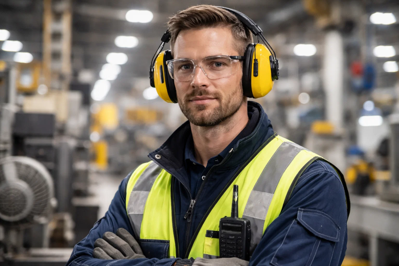 Professional worker wearing industrial hearing protection earmuffs in noisy factory environment with safety equipment