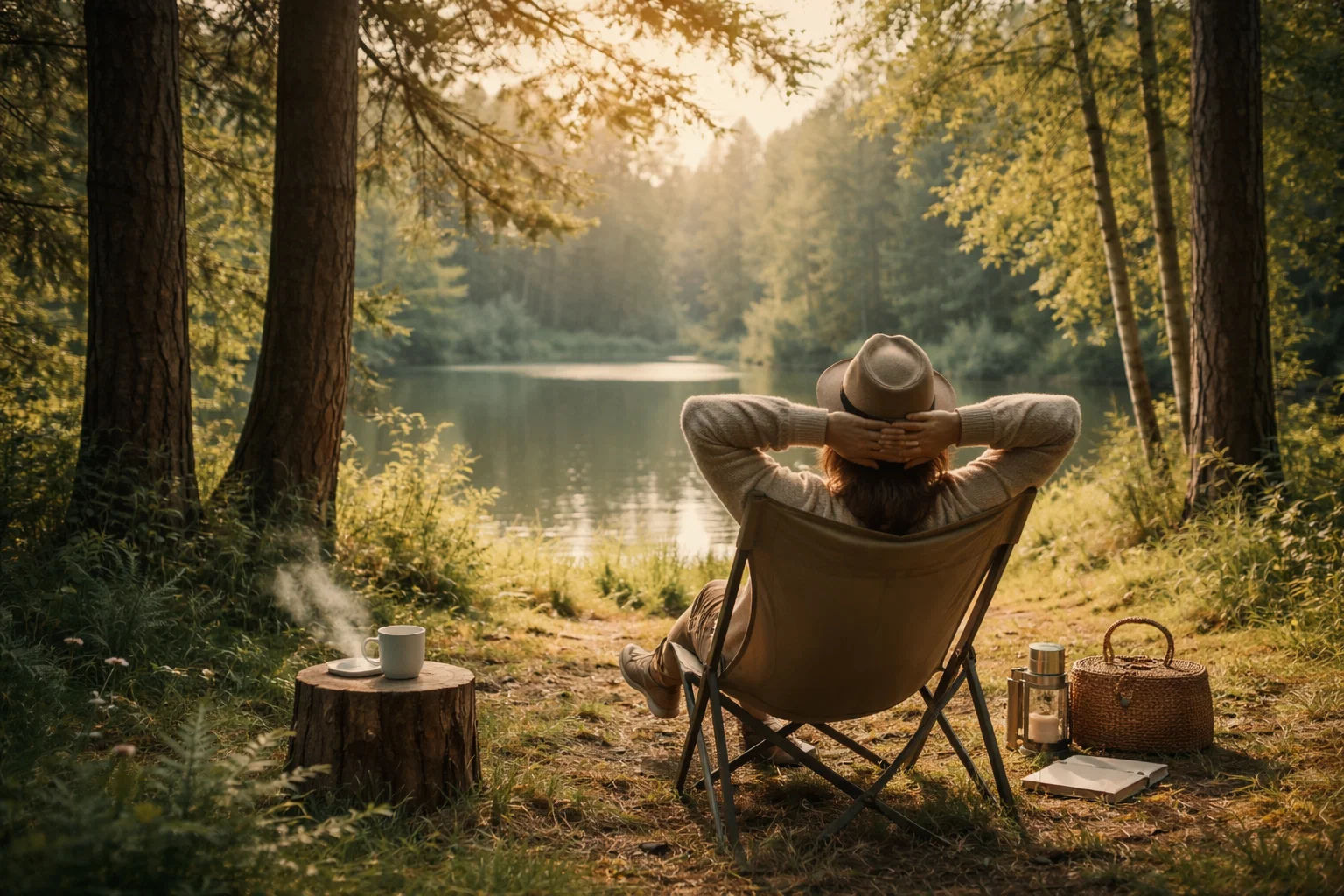 Peaceful natural outdoor scene showing person relaxing in quiet environment with trees and calm atmosphere for hearing rest